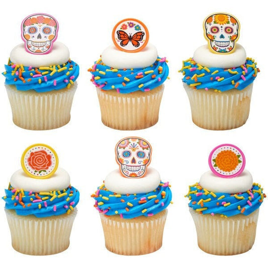 12 Day of the Dead Cupcake Rings - Día de Los Muertos Assortment Skull Cupcake Decorations Cake Toppers for Birthday Party Decoration Craft