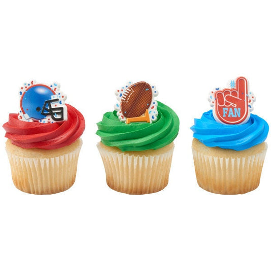 12 Football Assortment Cupcake Rings - Football Player Fan Helmet Team Sports Party Cake Toppers for Birthday Party Decoration Craft Supply