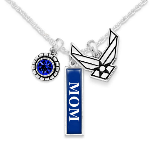 Officially Licensed U.S. AIR FORCE Mom Necklace - Triple Charm Vertical USAF Mom Necklace with Crystal and Pewter Charms Sterling Plated