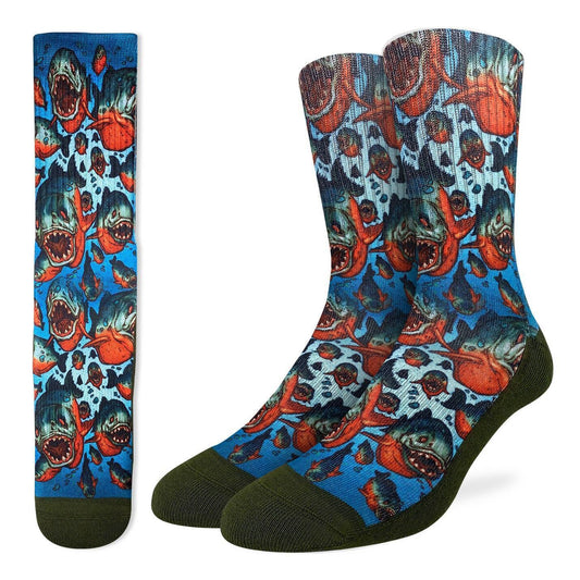 PIRANHAS Crew Socks - Novelty Active Fit Socks - Men's Adult 8-12 Unisex - Freshwater Attack Fish - For Craft Costume Supply