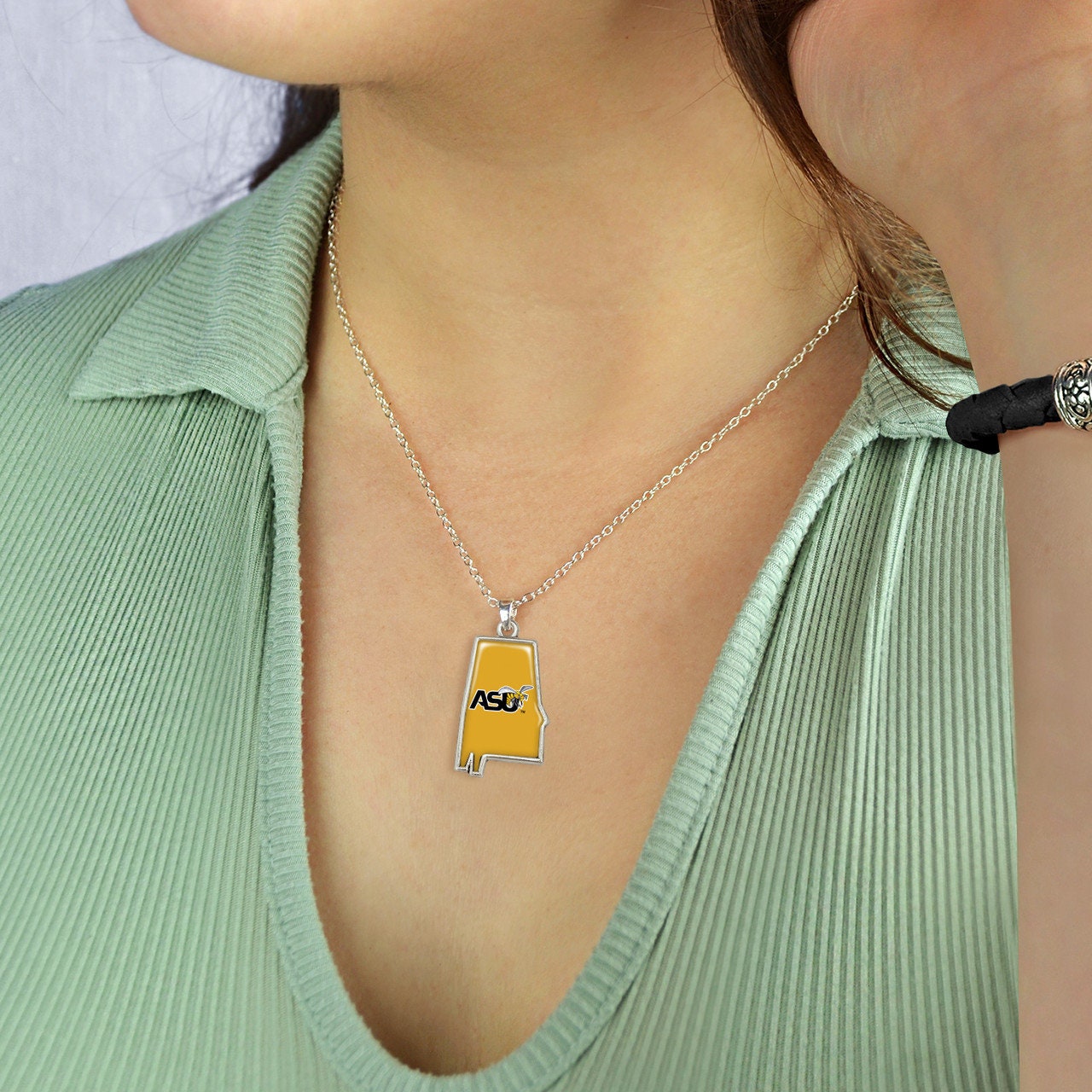 Officially Licensed ALABAMA STATE Texans Necklace - State of Mine Logo Pewter Charm Sterling Plated - Alabama State University