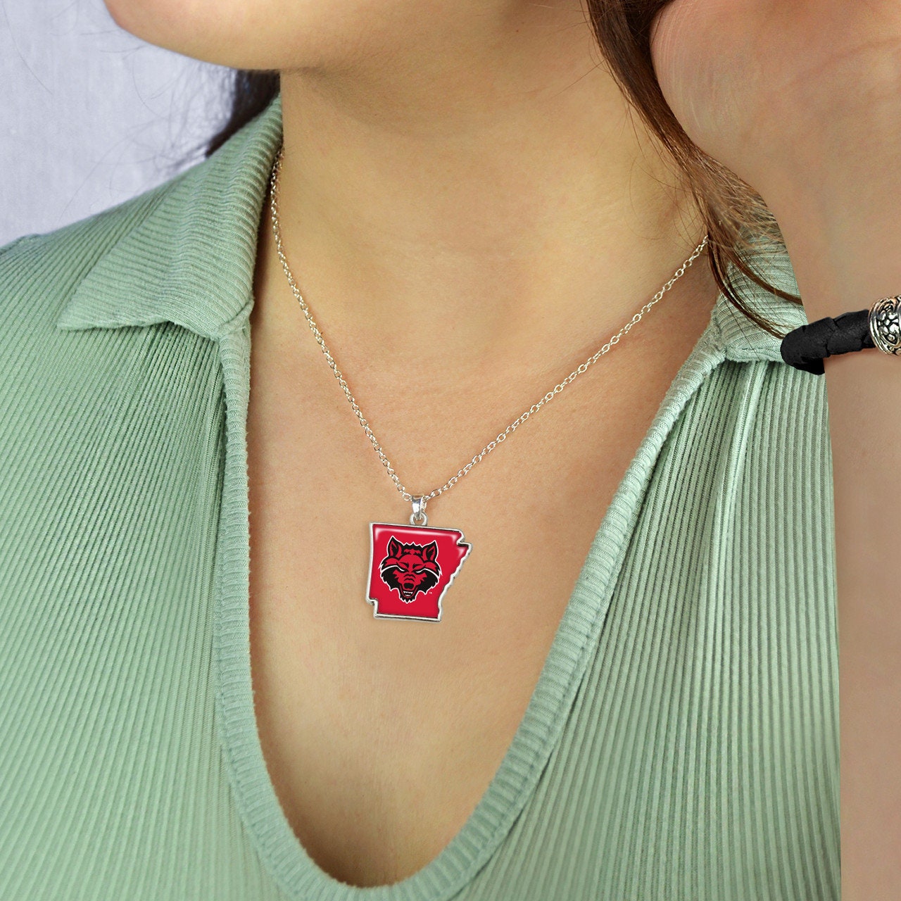 Officially Licensed ARKANSAS STATE Red Wolves Necklace - State of Mine Logo Pewter Charm Sterling Plated - Arkansas State University