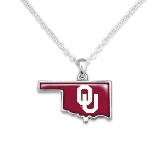 Officially Licensed OKLAHOMA SOONERS Necklace - State of Mine Logo Pewter Charm Sterling Plated - University of Oklahoma