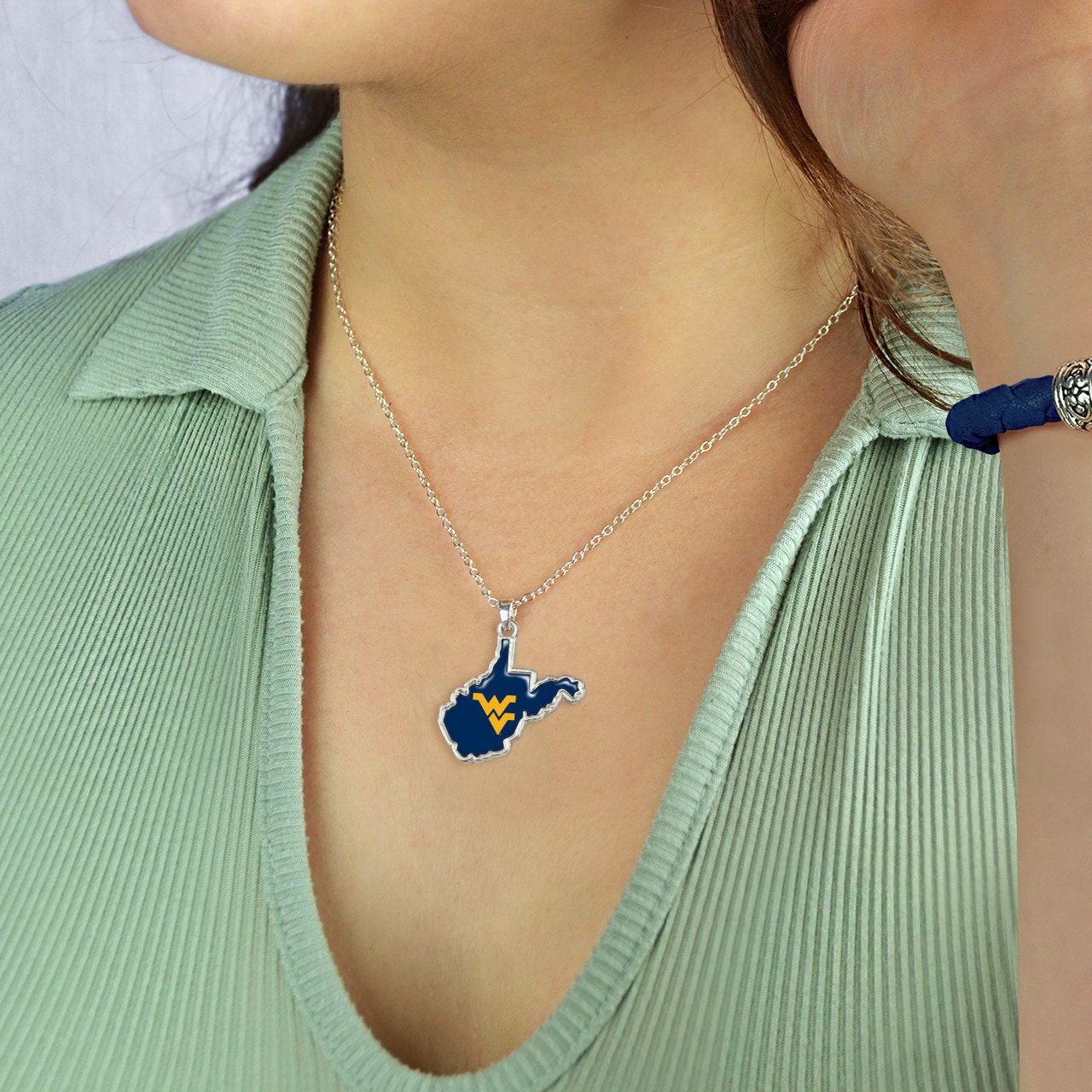 Officially Licensed WEST VIRGINIA MOUNTAINEERS Necklace - State of Mine Logo Pewter Charm Sterling Plated - West Virginia University