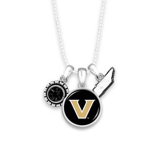 Officially Licensed VANDERBILT COMMODORES Necklace - Triple Charm Necklace with Crystal and Tennessee State Pewter Charms Sterling Plated