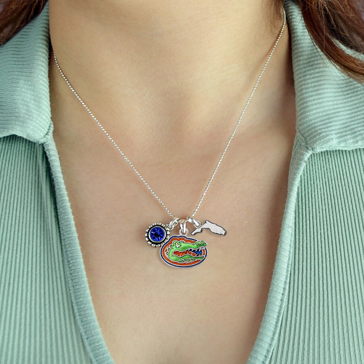 Officially Licensed FLORIDA GATORS Necklace - Triple Charm Necklace with Crystal and Florida State Pewter Charms Sterling Plated
