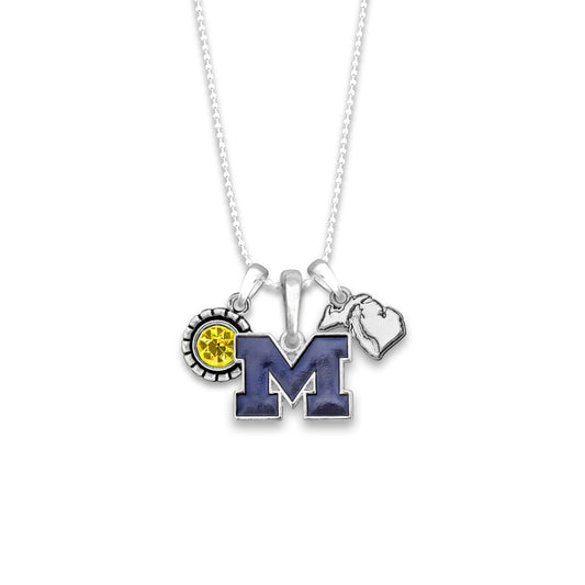 Officially Licensed MICHIGAN WOLVERINES Necklace - Triple Charm Necklace with Crystal and Michigan State Pewter Charms Sterling Plated