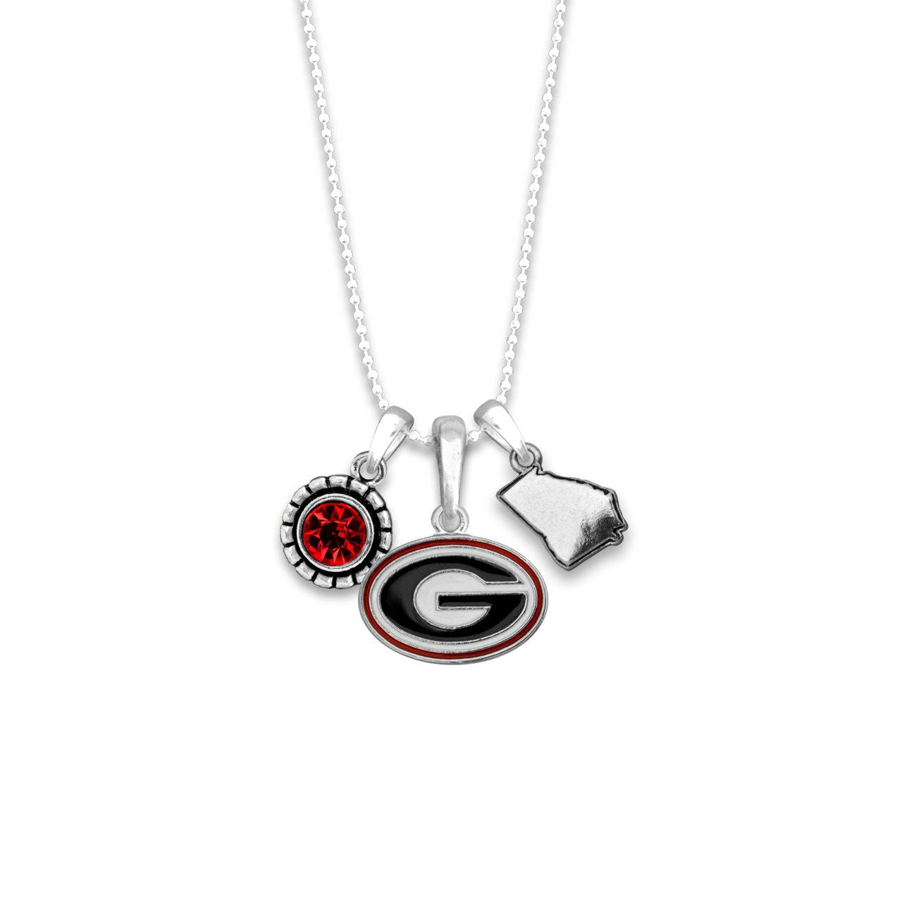 Officially Licensed GEORGIA BULLDOGS Necklace - Triple Charm Necklace with Crystal Georgia State Pewter Charms Sterling Plated