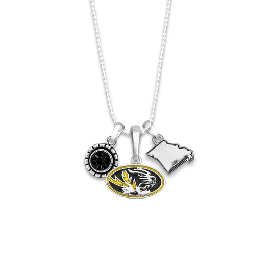 Officially Licensed MISSOURI TIGERS Necklace - Triple Charm Necklace with Crystal Missouri State Pewter Charms Sterling Plated