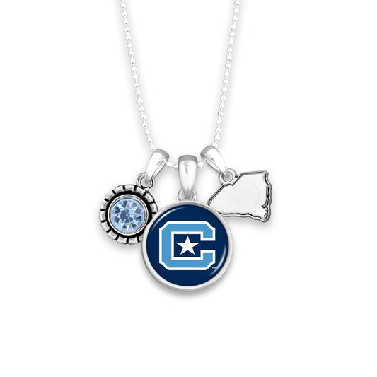 Officially Licensed THE CITADEL BULLDOGS Necklace - Triple Charm Necklace with Crystal South Carolina State Pewter Charms Sterling Plated