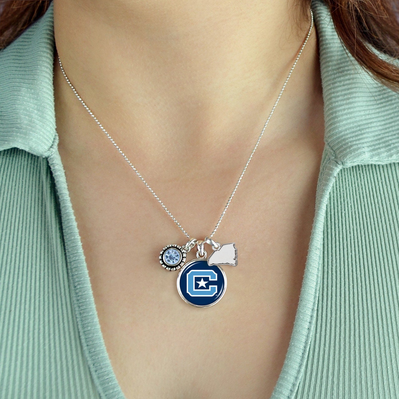 Officially Licensed THE CITADEL BULLDOGS Necklace - Triple Charm Necklace with Crystal South Carolina State Pewter Charms Sterling Plated