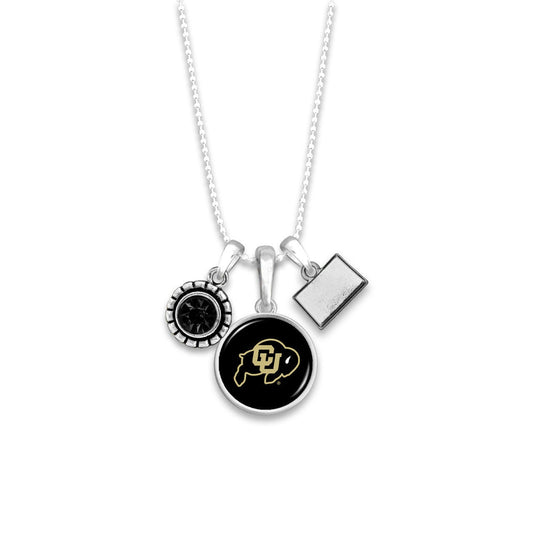 Officially Licensed COLORADO BUFFALOS Necklace - Triple Charm Necklace with Crystal Colorado State Pewter Charms Sterling Plated