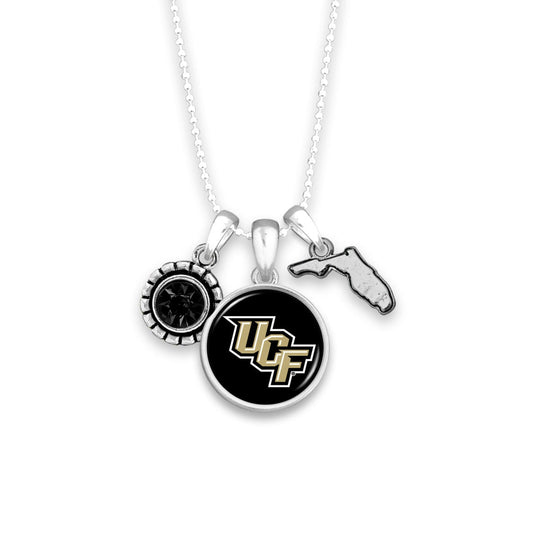 Officially Licensed CENTRAL FLORIDA KNIGHTS Necklace - Triple Charm Necklace with Crystal Florida State Pewter Charms Sterling Plated