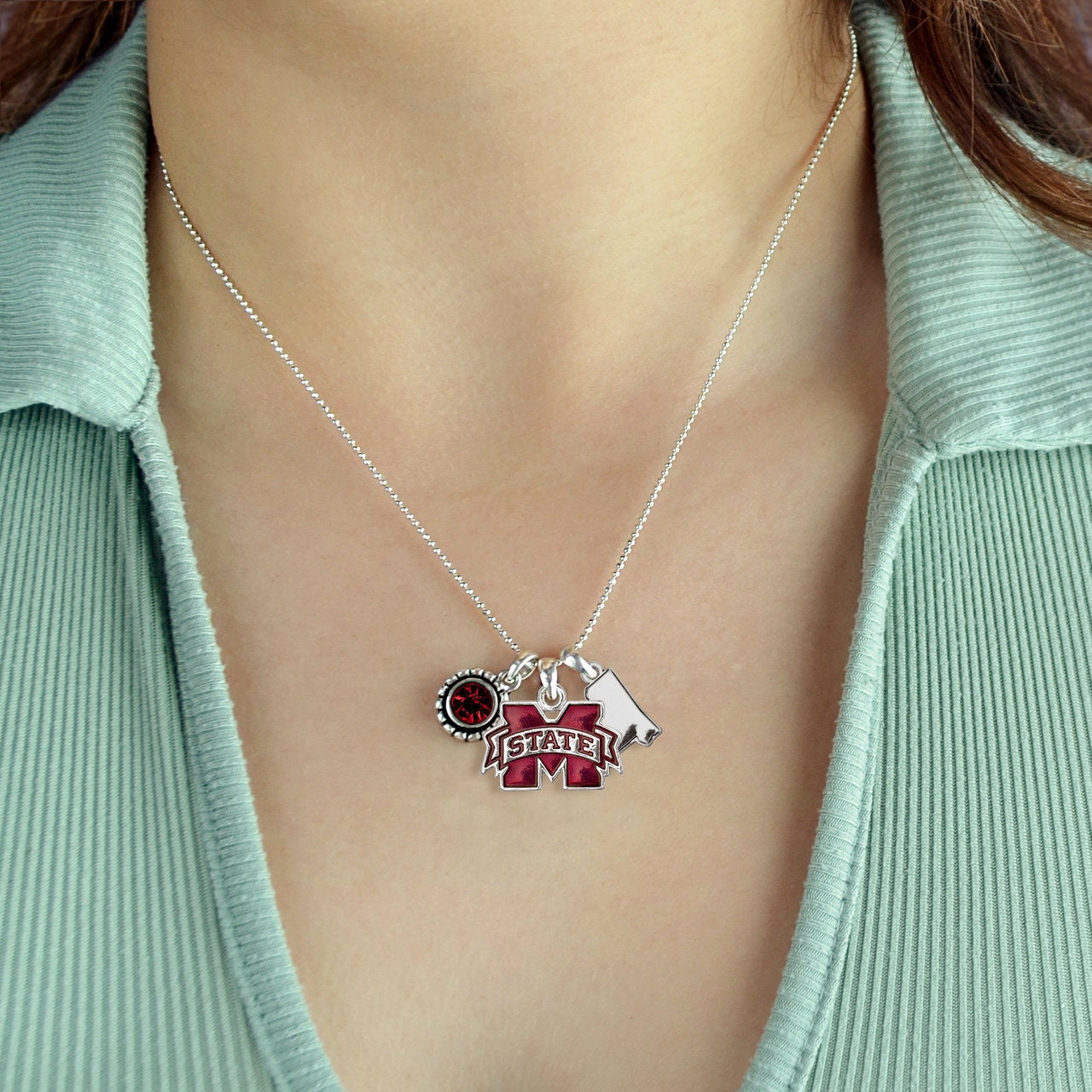 Officially Licensed MISSISSIPPI STATE BULLDOGS Necklace - Triple Charm Necklace with Crystal Mississippi State Pewter Charms Sterling Plated