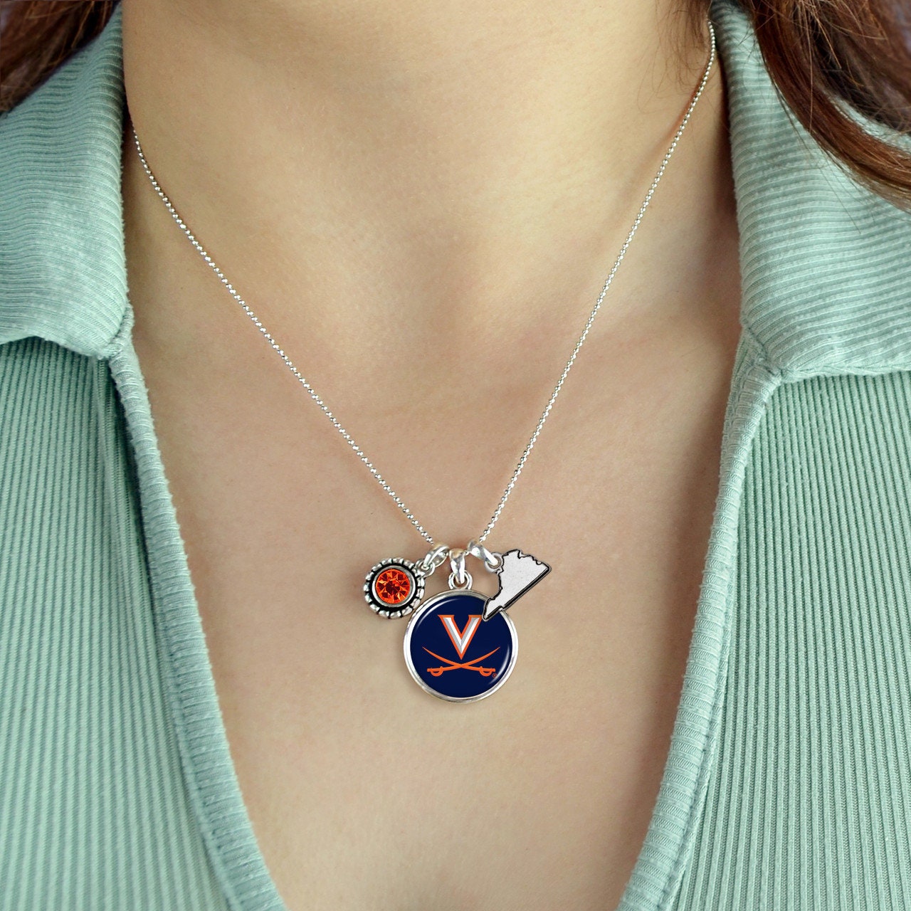 Officially Licensed VIRGINIA CAVALIERS Necklace - Triple Charm Necklace with Crystal Virginia State Pewter Charms Sterling Plated