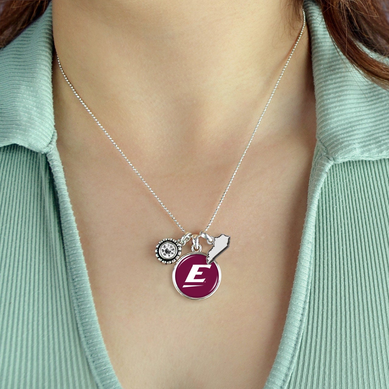 Officially Licensed EASTERN KENTUCKY COLONELS Necklace- Triple Charm Necklace with Crystal Kentucky State Pewter Charms Sterling Plated