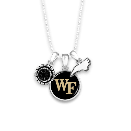 Officially Licensed WAKE FOREST Demon Deacons Necklace - Triple Charm Necklace Crystal North Carolina State Pewter Charms Sterling Plated