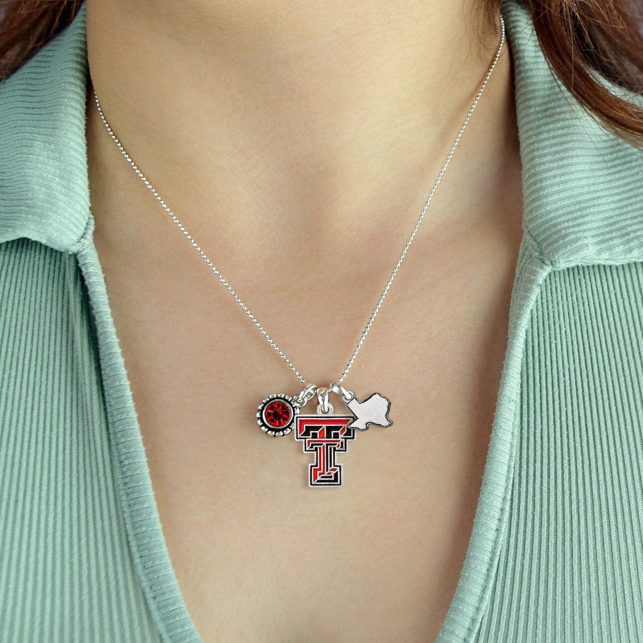 Officially Licensed TEXAS TECH Red Raiders Necklace - Triple Charm Necklace with Crystal Texas State Pewter Charms Sterling Plated