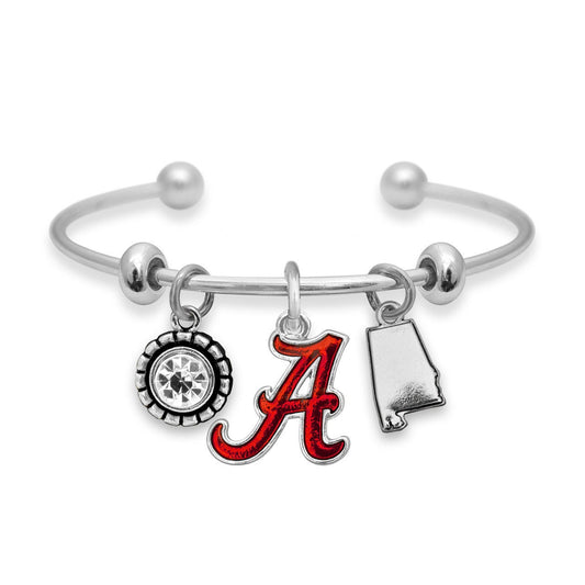 Officially Licensed ALABAMA CRIMSON TIDE Bracelet - Triple Charm Bracelet with Crystal Alabama State Pewter Charms Sterling Plated