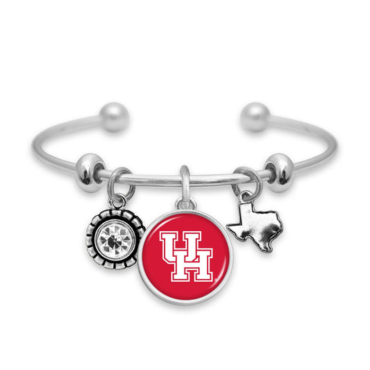 Officially Licensed HOUSTON COUGARS Bracelet - Triple Charm Bracelet with Crystal Texas State Pewter Charms Sterling Plated