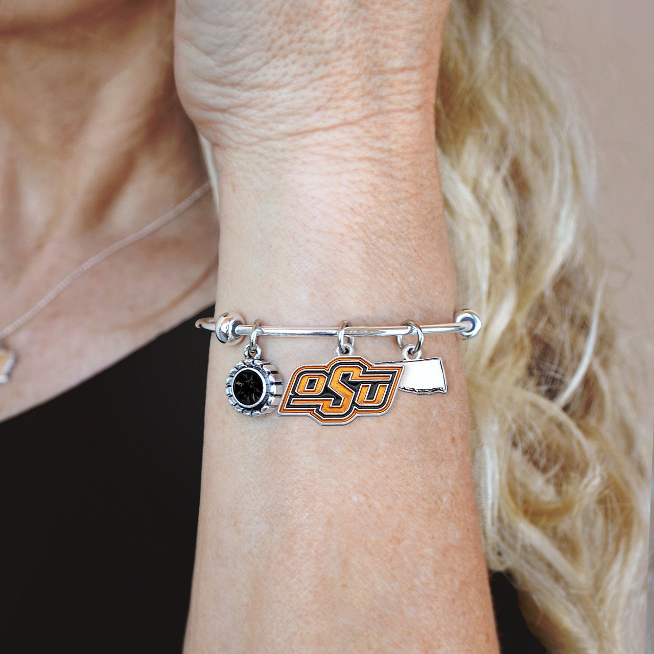 Officially Licensed OKLAHOMA STATE COWBOYS Bracelet - Triple Charm Bracelet with Crystal Oklahoma State Pewter Charms Sterling Plated