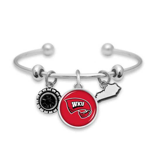 Officially Licensed WESTERN KENTUCKY HILLTOPPERS Bracelet - Triple Charm Bracelet with Crystal Kentucky State Pewter Charms Sterling Plated