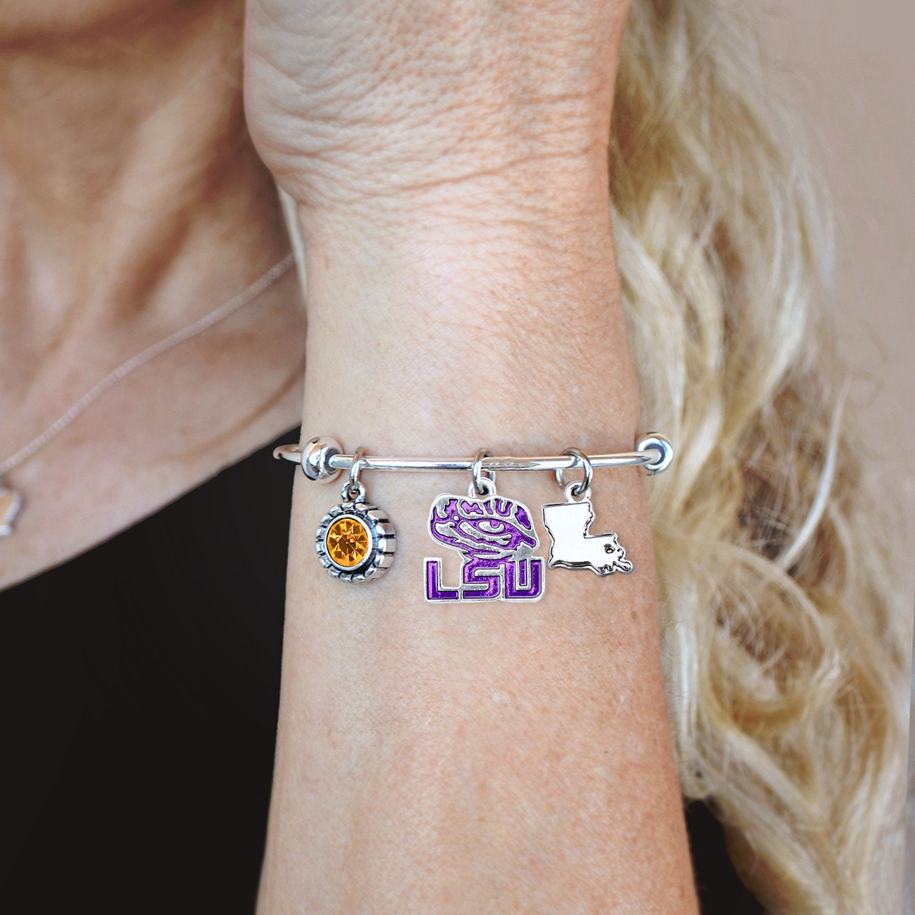 Officially Licensed LSU TIGERS Bracelet - Triple Charm Bracelet with Crystal Louisiana State Pewter Charms Sterling Plated