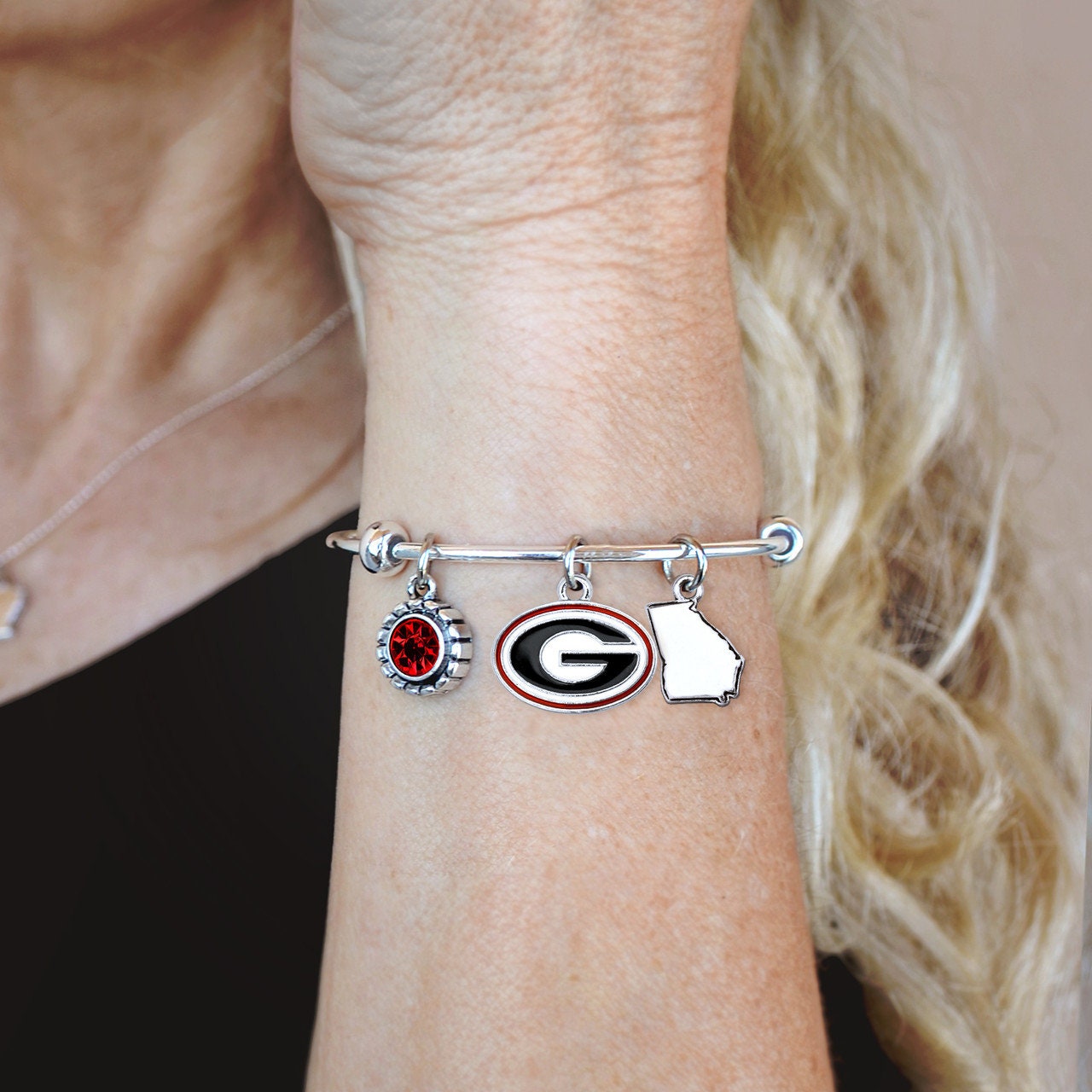 Officially Licensed GEORGIA BULLDOGS Bracelet - Triple Charm Bracelet with Crystal Georgia State Pewter Charms Sterling Plated
