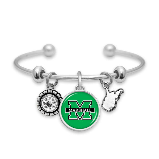 Officially Licensed MARSHALL THUNDERING HERD Bracelet - Triple Charm Bracelet with Crystal West Virginia State Pewter Charms Sterling Plated