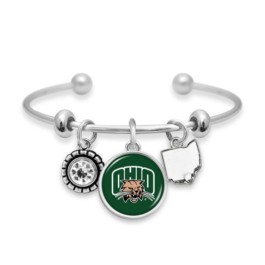 Officially Licensed OHIO BOBCATS Bracelet - Triple Charm Bracelet with Crystal Ohio State Pewter Charms Sterling Plated
