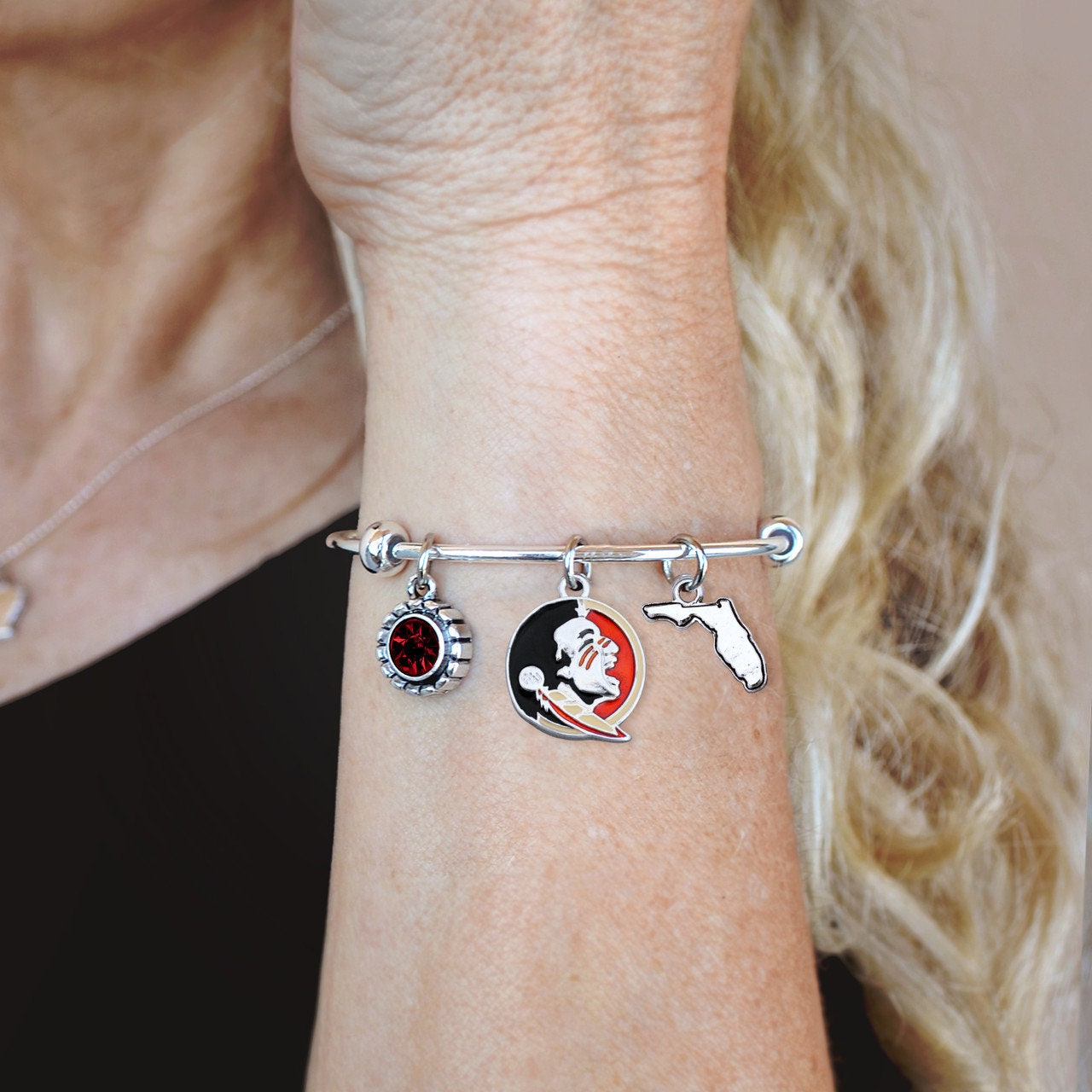 Officially Licensed FLORIDA STATE SEMINOLES Bracelet - Triple Charm Bracelet with Crystal Florida State Pewter Charms Sterling Plated