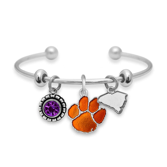 Officially Licensed CLEMSON TIGERS Bracelet - Triple Charm Bracelet with Crystal South Carolina State Pewter Charms Sterling Plated