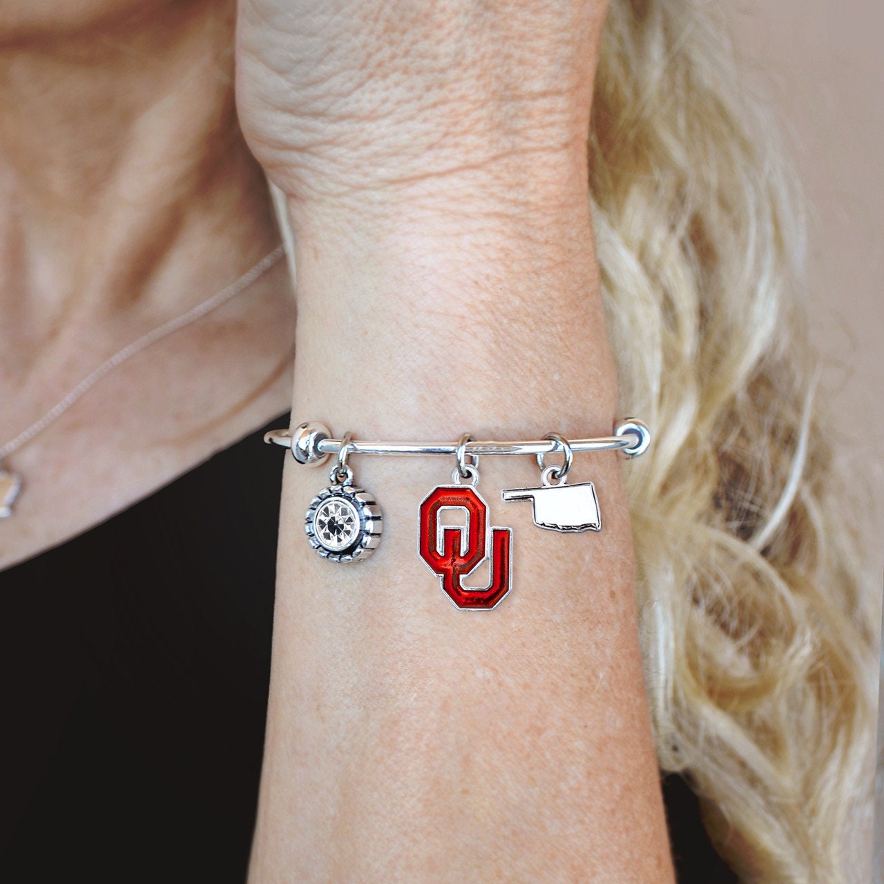 Officially Licensed OKLAHOMA SOONERS Bracelet - Triple Charm Bracelet with Crystal Oklahoma State Pewter Charms Sterling Plated