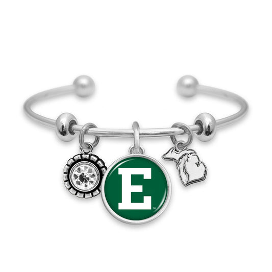 Officially Licensed EASTERN MICHIGAN EAGLES Bracelet - Triple Charm Bracelet with Crystal Michigan State Pewter Charms Sterling Plated