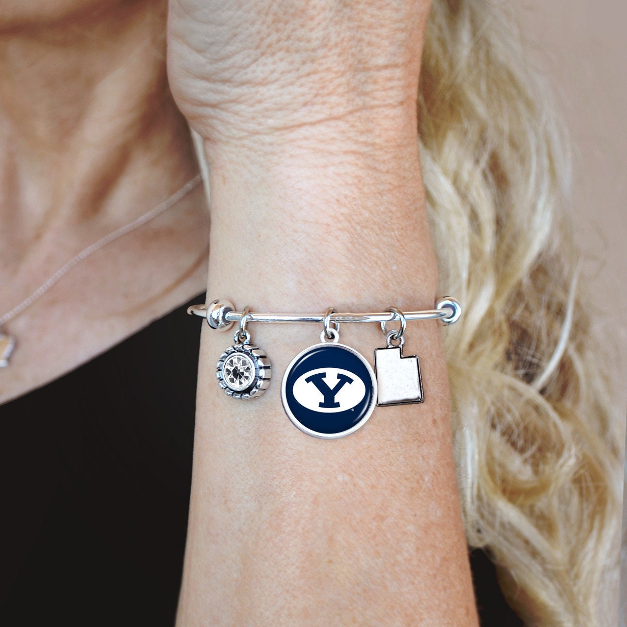 Officially Licensed BRINGHAM YOUNG BYU Cougars Bracelet - Triple Charm Bracelet with Crystal Utah State Pewter Charms Sterling Plated