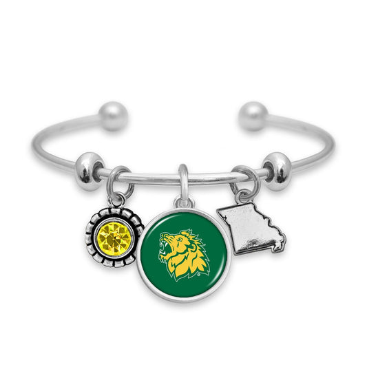 Officially Licensed MISSOURI SOUTHERN STATE Lions Bracelet - Triple Charm Bracelet with Crystal Missouri State Pewter Charms Sterling Plated