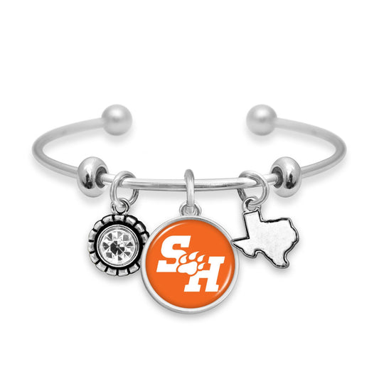 Officially Licensed SAM HOUSTON BEARKATS Bracelet - Triple Charm Bracelet with Crystal Texas State Pewter Charms Sterling Plated