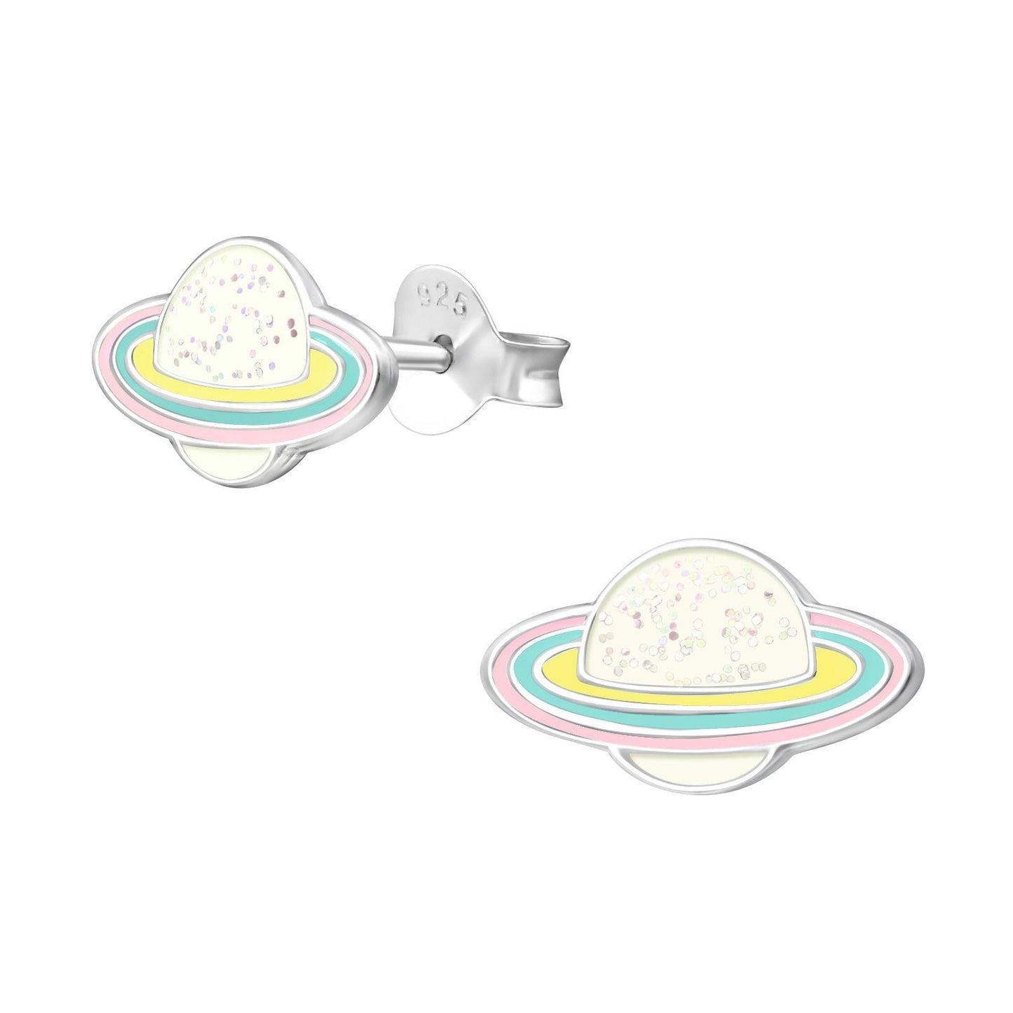 925 Sterling Silver Earrings Planet with Rings - Ear Studs with Backing -  Epoxy - Pink Blue Yellow - Hypoallergenic Earrings