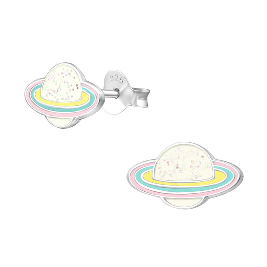 925 Sterling Silver Earrings Planet with Rings - Ear Studs with Backing -  Epoxy - Pink Blue Yellow - Hypoallergenic Earrings