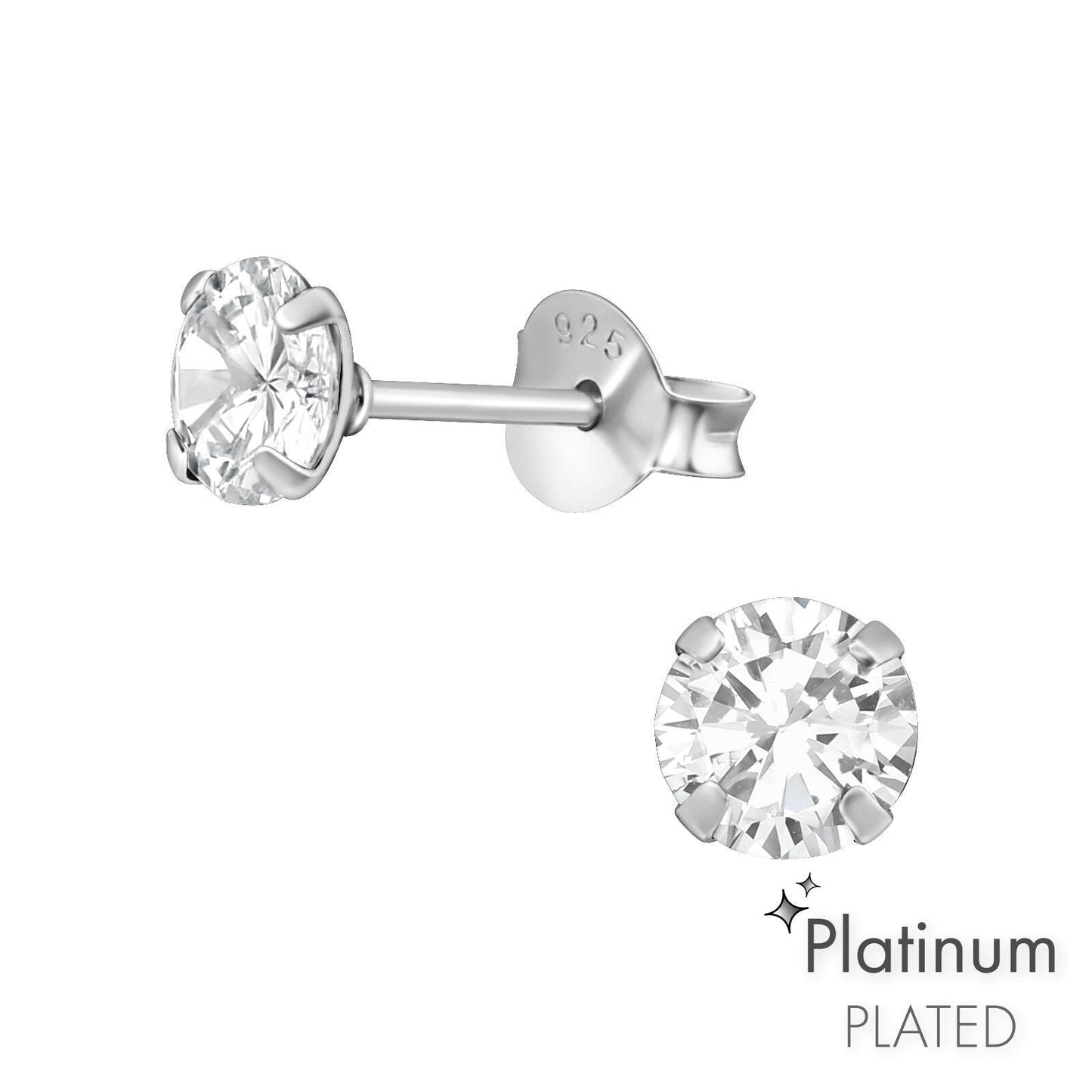925 Sterling Silver Earrings Diamond Stud Earrings - 5mm - Cubic Zirconia - Round Diamond Stud with Backing - Hypoallergenic Earrings