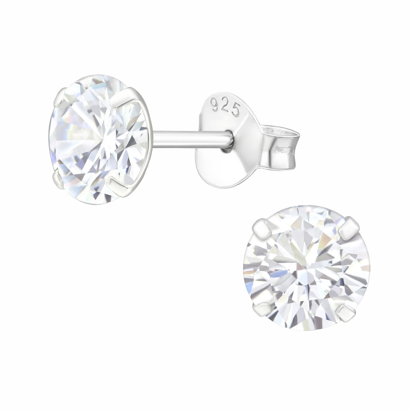 925 Sterling Silver Earrings Diamond Stud Earrings - 6mm - Cubic Zirconia - Round Diamond Stud with Backing - Hypoallergenic Earrings