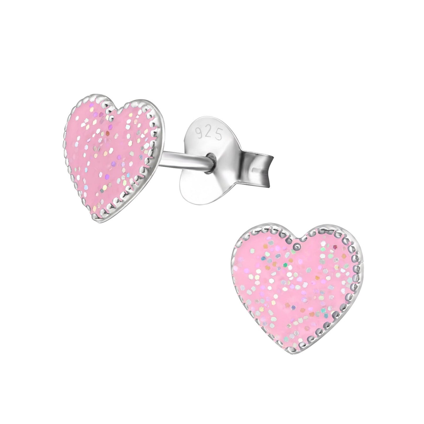 925 Sterling Silver Earrings Heart - Ear Studs with Backing - Epoxy - LIGHT PINK GLITTER Hearts Love - Hypoallergenic Earrings