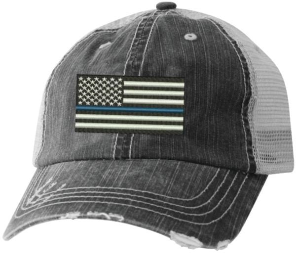 American Flag Blue Line Police Cap Hat - Made to Order - Distressed Look Thin Blue Line Law Enforcement - Officially Licensed!