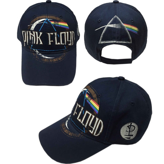 PINK FLOYD Unisex Cap Hat - Dark Side of the Moon Pink Floyd Distressed (Navy) Adjustable Baseball Cap with DSOM Logo - Officially Licensed!