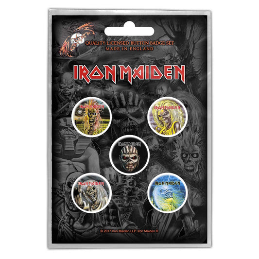 IRON MAIDEN Button Badge 5 Piece Set - Each Badge Approx 1 Inch - Iron Maiden Faces of Eddie - Pinback Badge Button Pack Set