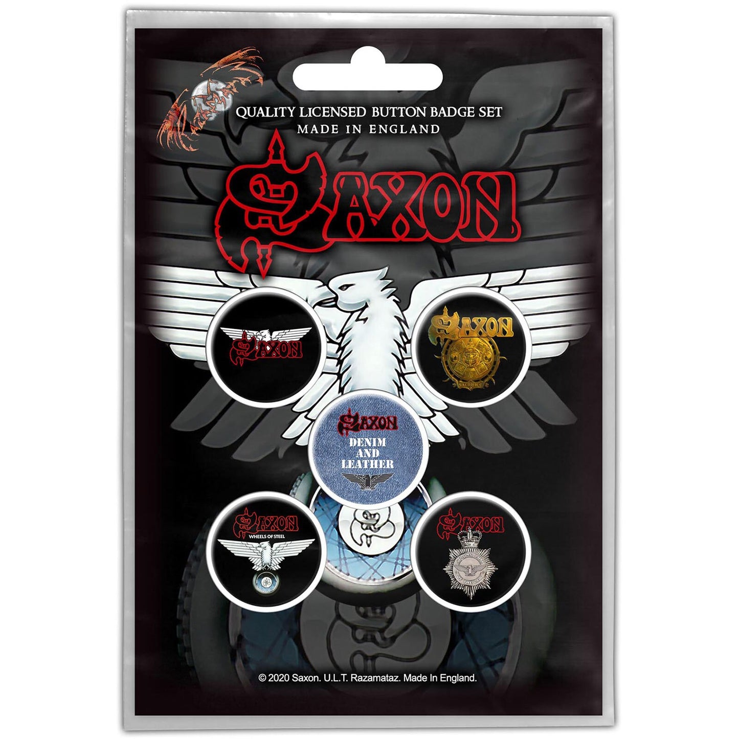 SAXON Button Badge 5 Piece Set - Each Badge Approx 1 Inch - Saxon Wheels Of Steel - Pinback Badge Button Pack Set  - Craft Supply