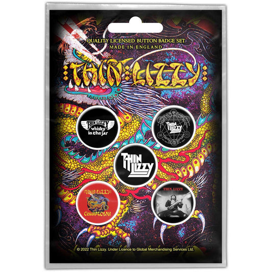 THIN LIZZY Button Badge 5 Piece Set - Each Badge Approx 1 Inch - Thin Lizzy Chinatown - Pinback Badge Button Pack Set