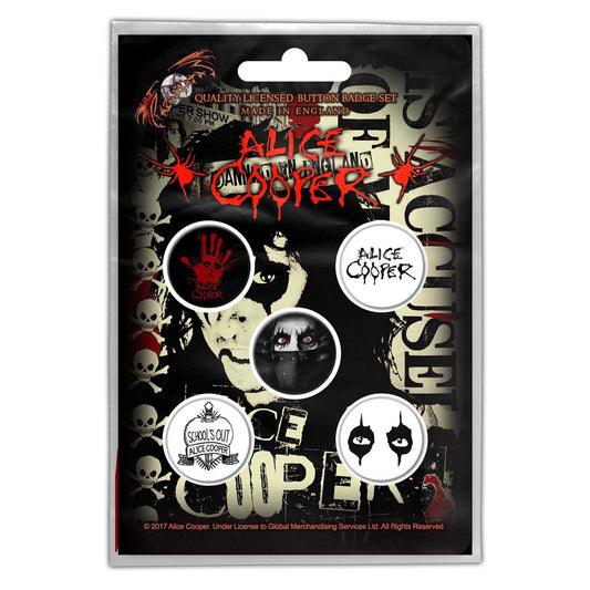 ALICE COOPER Button Badge 5 Piece Set - Each Badge Approx 1 Inch - Alice Cooper Eyes - Pinback Badge Button Pack Set - Craft Supply