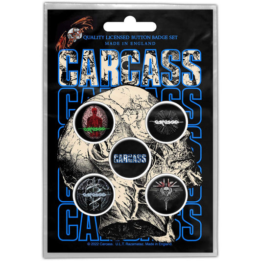CARCASS Button Badge 5 Piece Set - Each Badge Approx 1 Inch - Carcass Necro Head - Pinback Badge Button Pack Set