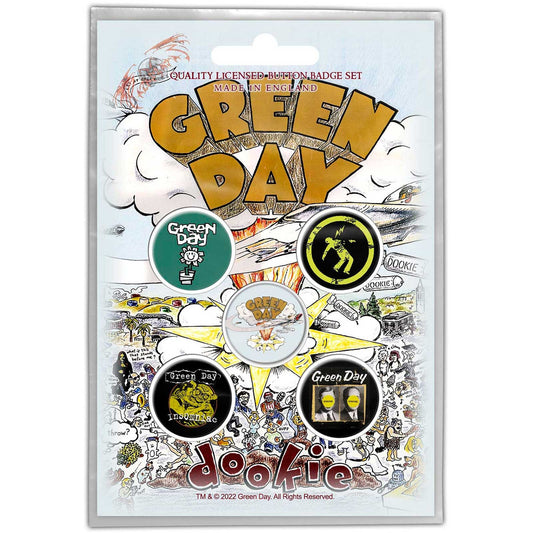 GREEN DAY Button Badge 5 Piece Set - Each Badge Approx 1 Inch - Green Day Dookie - Pinback Badge Button Pack Set